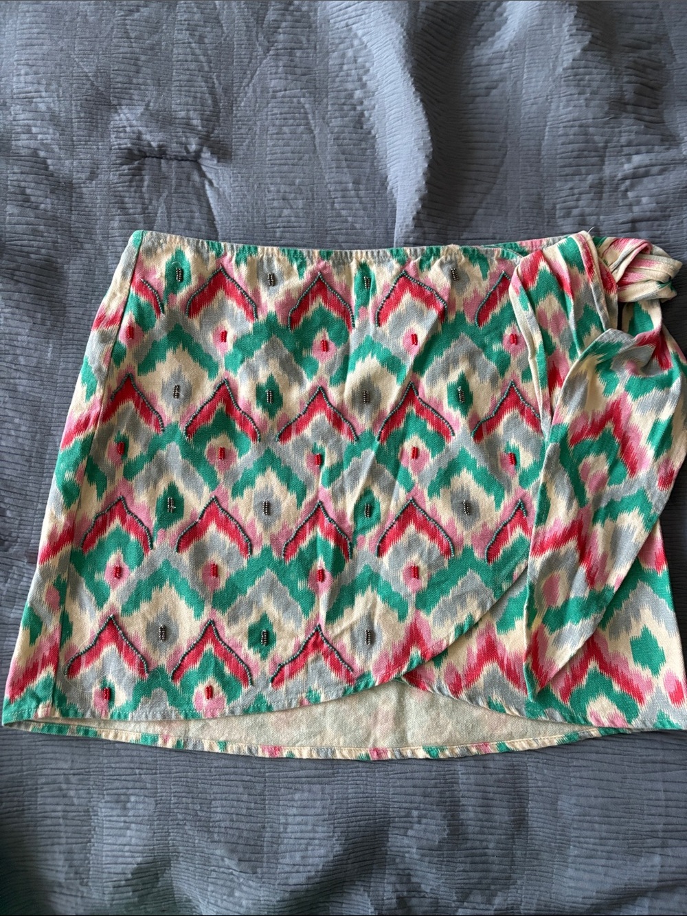Zara Printed and Beaded Wrap Mini Skirt in Teal, Pink & Cream